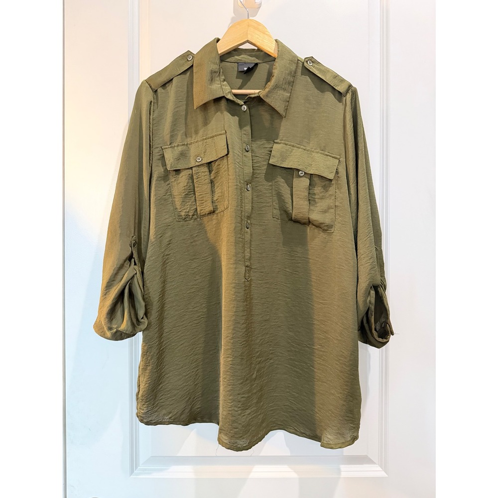 Mossimo Olive Green Utility Blouse Roll Tab Sleeve Epaulettes Size L